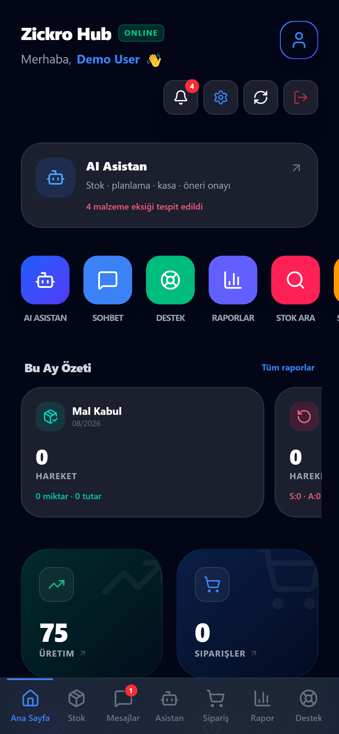 Zickro Mobile Hub işletme dashboard ekranı