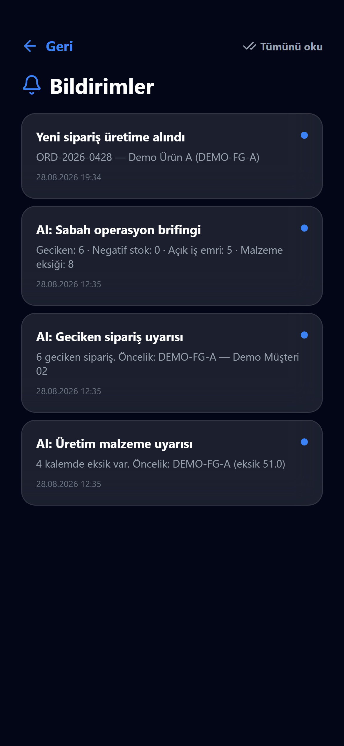 Zickro Mobile Hub bildirimi: Yeni sipariş üretime alındı, ORD-2026-0428 Demo Ürün A