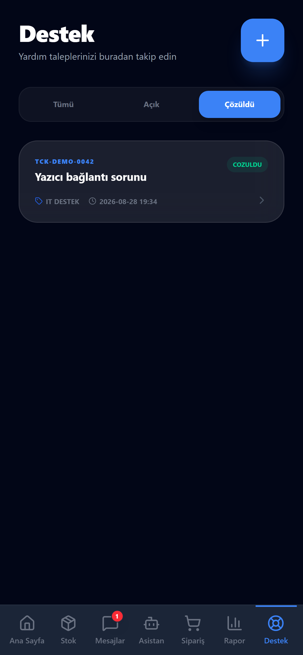 Zickro Mobile Hub destek ve ticket ekranı
