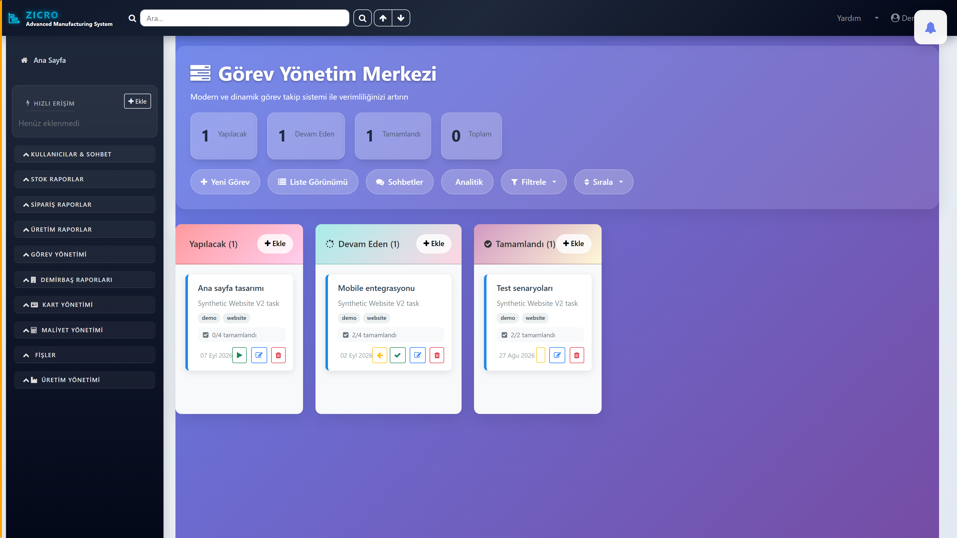 Zickro Projects görev yönetim panosu: Yapılacak, Devam Eden, Tamamlandı
