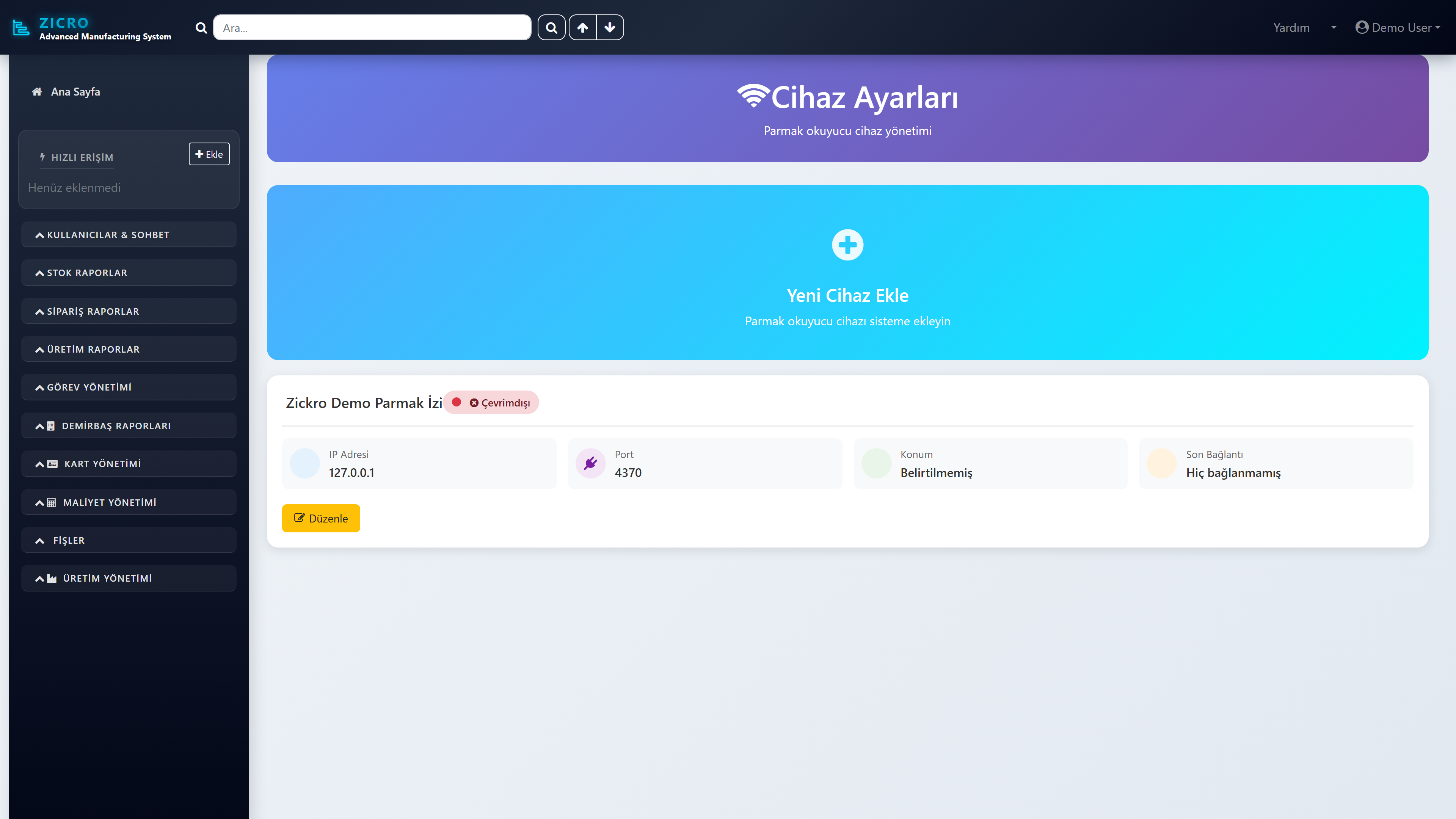 Zickro Workforce parmak izi cihazı: Zickro Demo Parmak İzi, 127.0.0.1, çevrimdışı