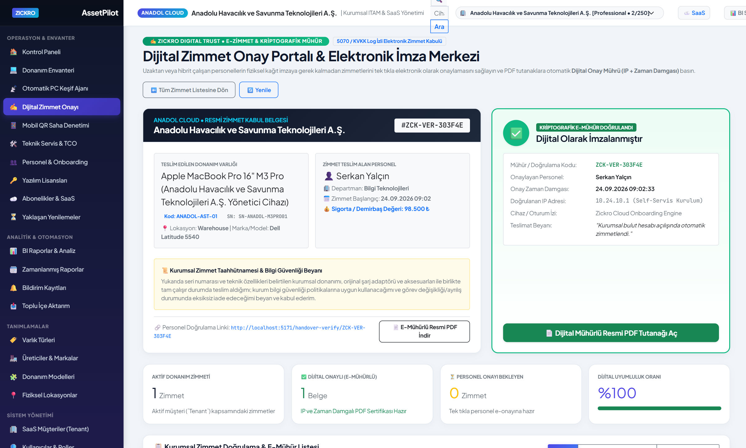Zickro AssetPilot Dijital Zimmet Onay Portalı ve PDF E-Mühür